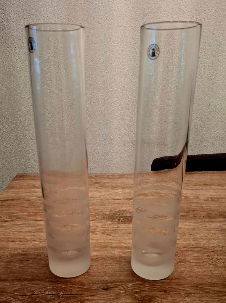 2 lange smalle vazen, Overige kleuren, Ophalen of Verzenden, Minder dan 50 cm, Glas