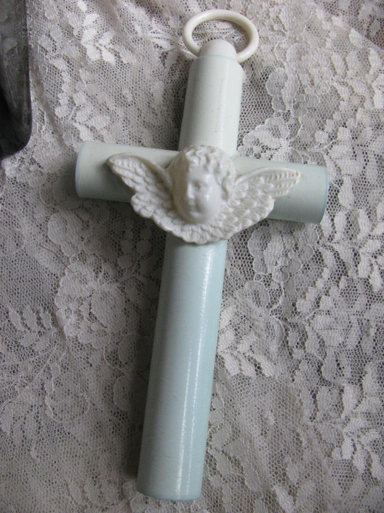 Vintage Blauw Kruis met Engel Hoofd voor Baby Wieg 11.5x6.5, Antiek en Kunst, Verzenden