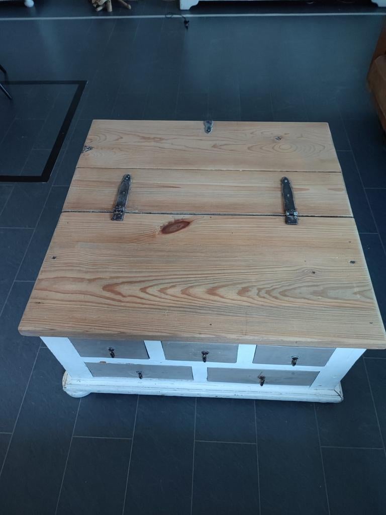Unieke salontafel/kist met lades - Hout en wit, Huis en Inrichting, Tafels | Salontafels, Ophalen of Verzenden