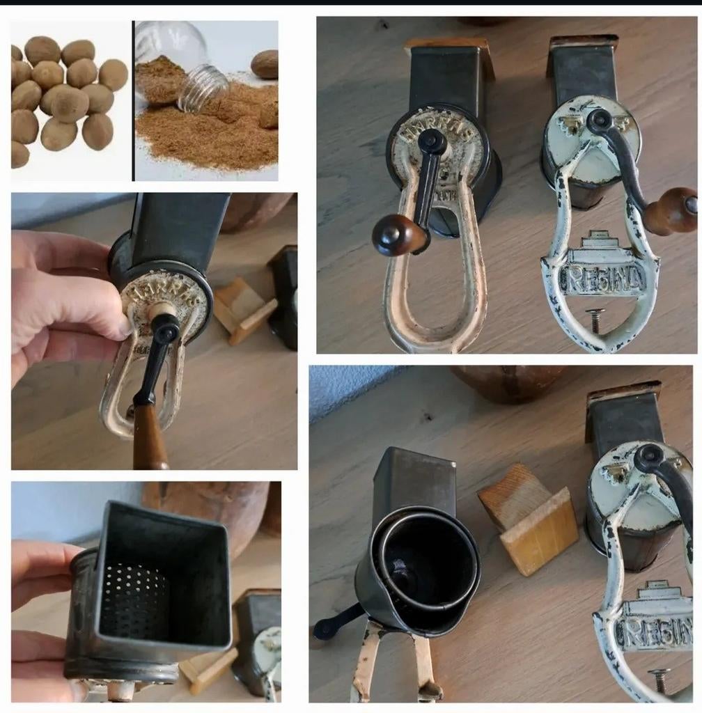 Nootmuskaatmolen, oude metalen molen houten deksel+handvat, Ophalen of Verzenden