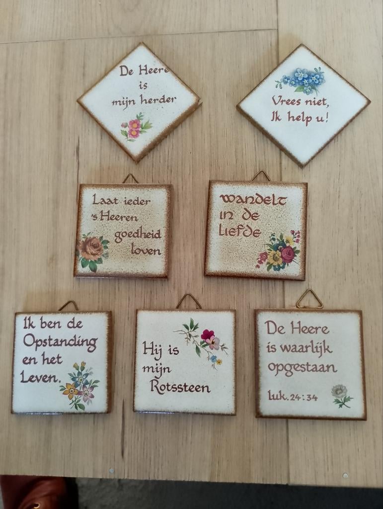 Vintage religieuze tekst tegeltjes, Ophalen of Verzenden