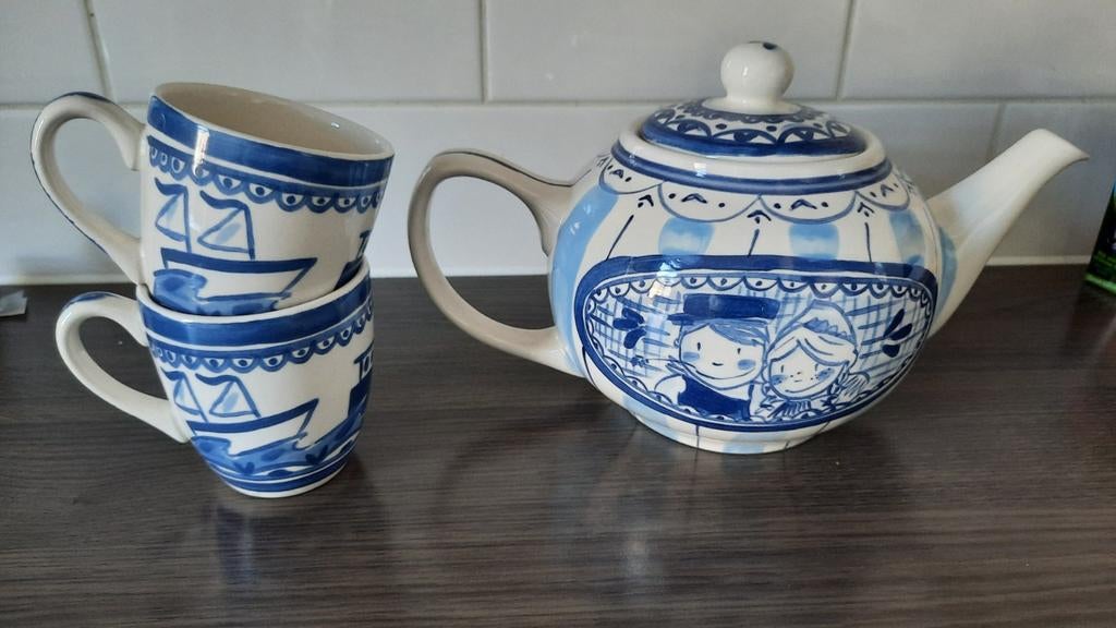 Blond Amsterdam delfts blauwe Theepot met 2 mokken, Antiek en Kunst, Ophalen