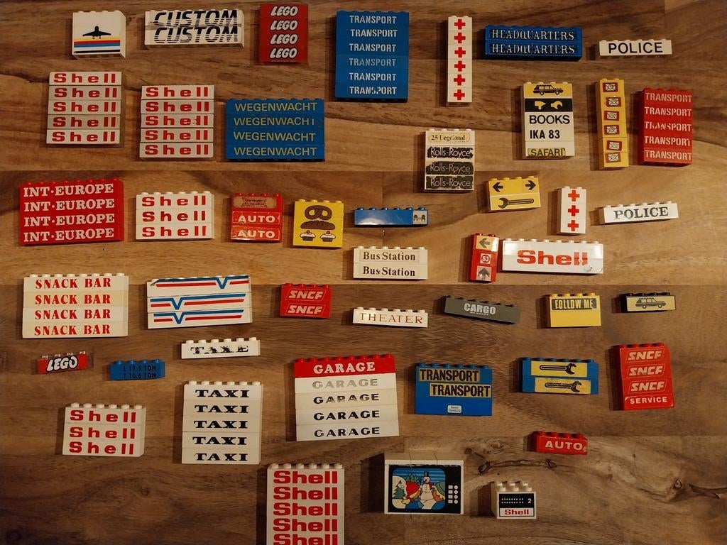 Lego vintage bedrukte stenen bricks shell transport wegenwac, Ophalen of Verzenden