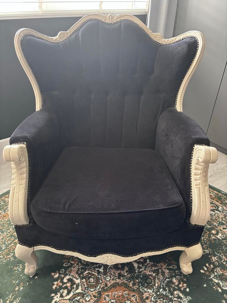 2 Brocante fauteuils , zwart fluweel., Huis en Inrichting, Fauteuils, Ophalen, Gebruikt, Stof, 75 tot 100 cm