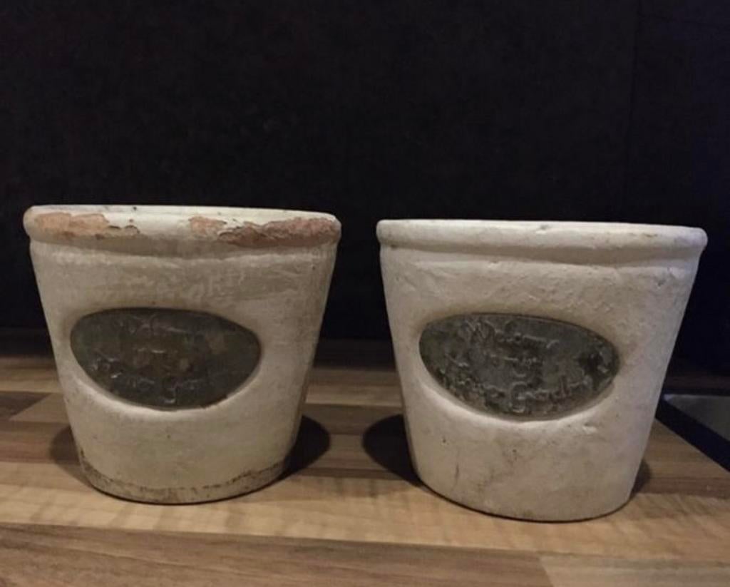 Twee vintage terracotta bloempotten beige Welcom H9/D10cm, Gebruikt, Rond, Binnen, Ophalen of Verzenden