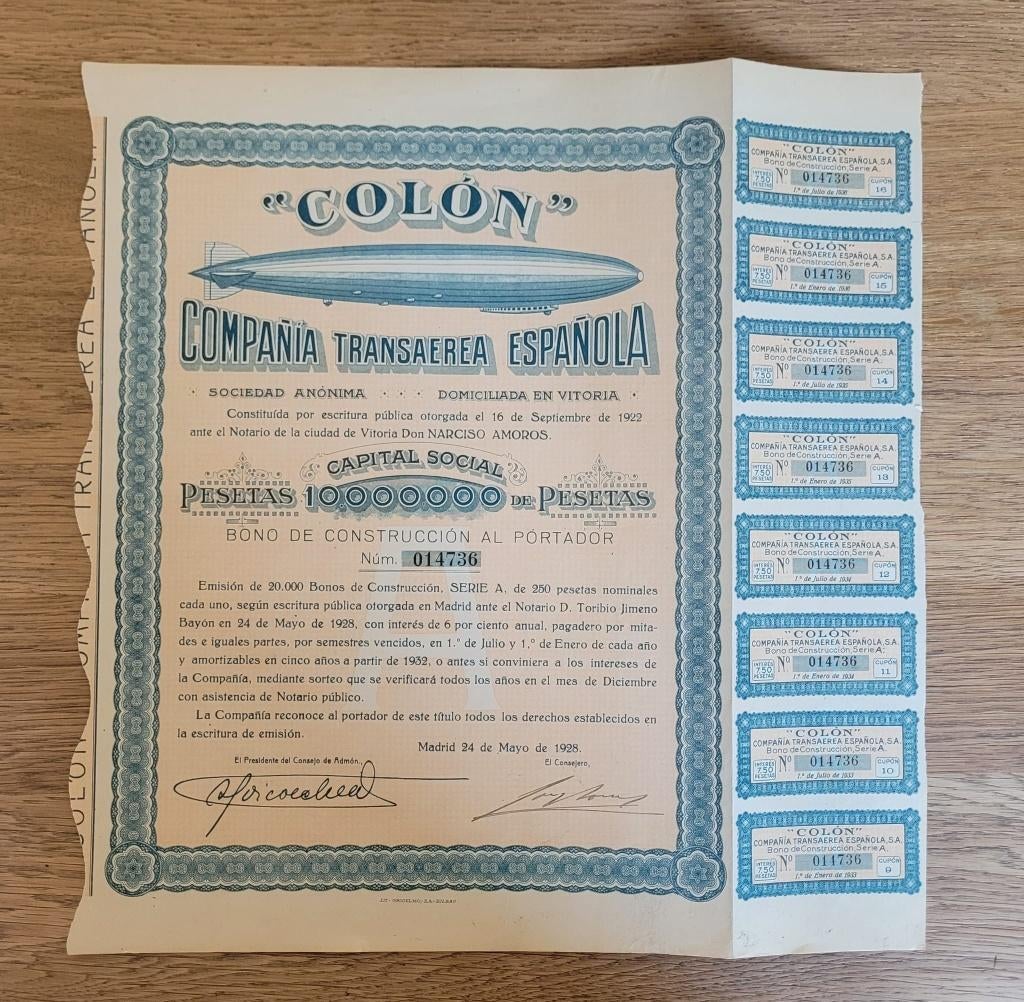 Obligatiecertificaat Compañía Transaérea Española "Colón, Postzegels en Munten, Aandelen en Waardepapieren, Ophalen of Verzenden