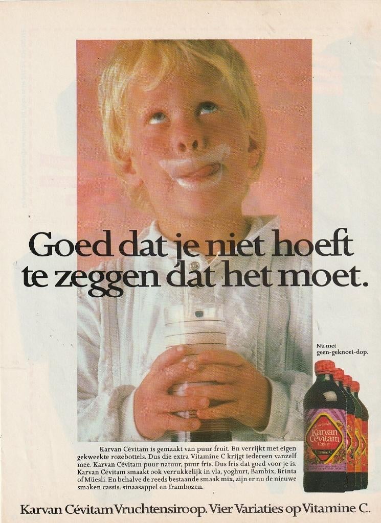 Retro reclame 1986 Karvan Cevitam limonade jongetje yoghurt, Verzenden, Overige typen