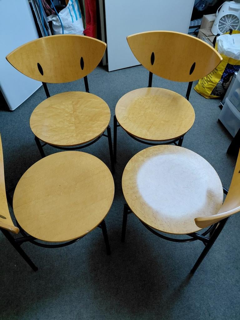 4 Ligne Roset eethoekstoelen beuken, Ophalen, Gebruikt, Bruin, Design