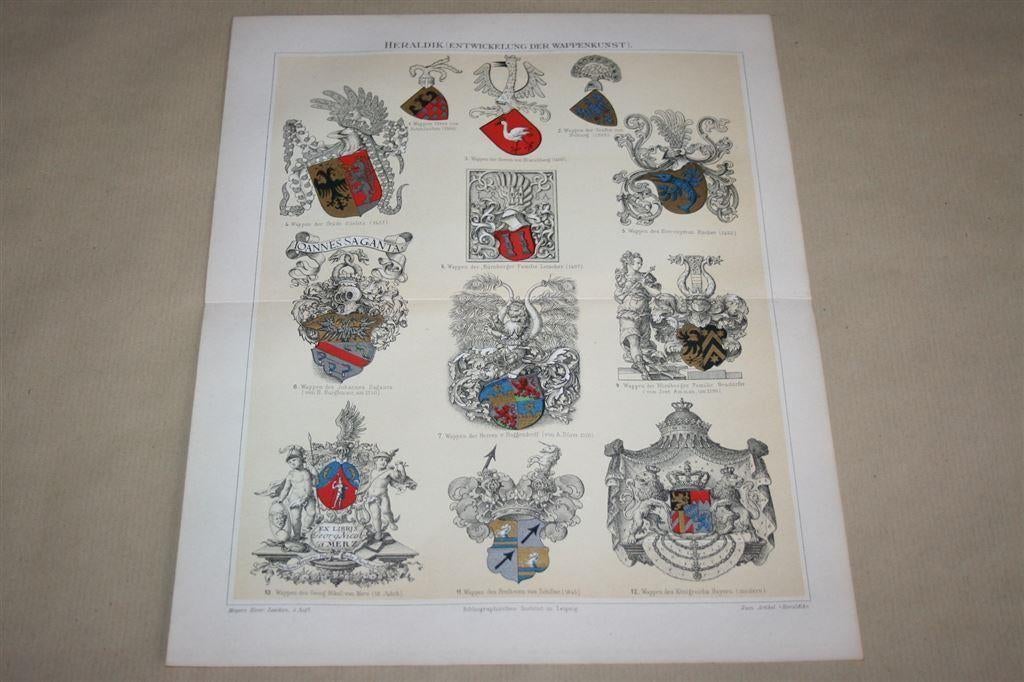 Antieke kleurenlitho - Ontwikkeling v/d Heraldiek - Ca 1900, Ophalen of Verzenden