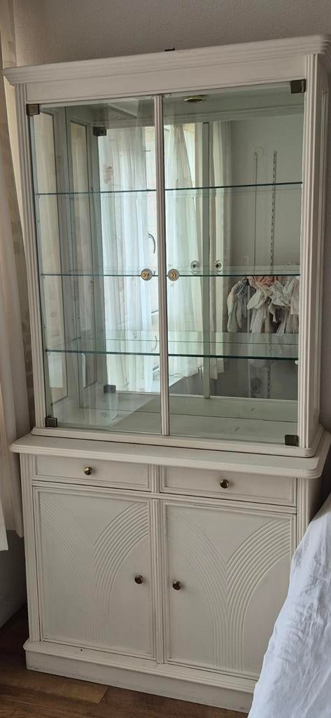 Brocante 2-delige vitrinekast, Ophalen, Gebruikt, 100 tot 150 cm, 150 tot 200 cm