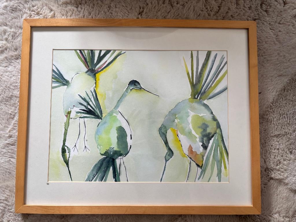 Moderne aquarel – vogels – ingelijst achter glas, Ophalen of Verzenden
