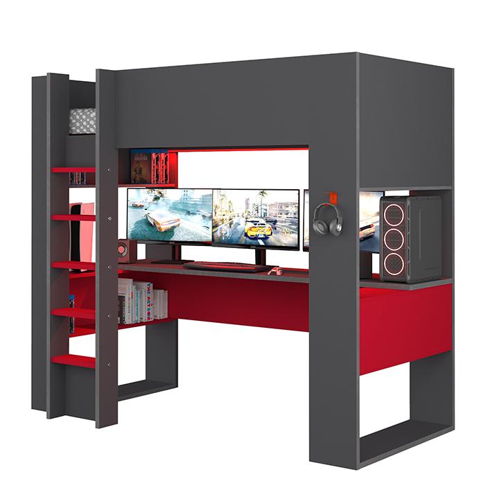 The Cube 5051 Gamingbed hoogslaper - 90x200 - Antraciet/rood, Niet ingevuld, Niet ingevuld, Niet ingevuld