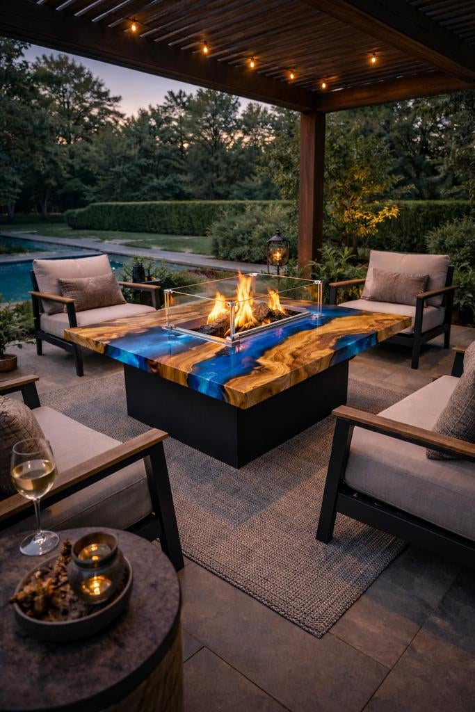 Luxe Vuurtafel met Hars en Houten Blad - Buitenhaard, Ophalen of Verzenden