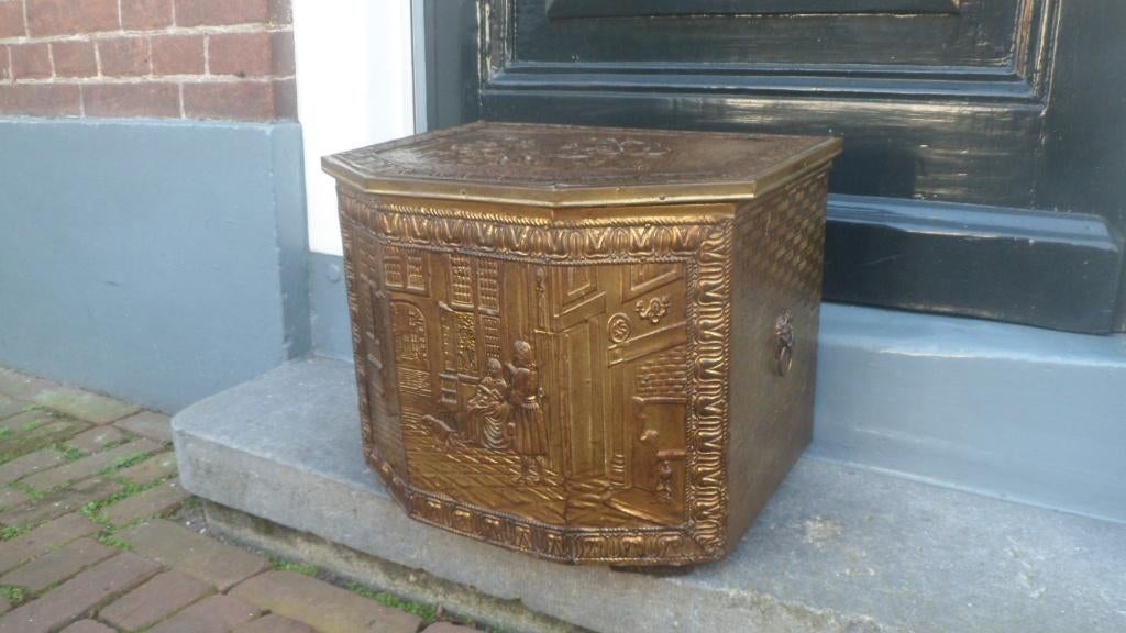 Koperen kist turfkist opbergkist krantenbak hout messing 30h, Verzenden, Koper