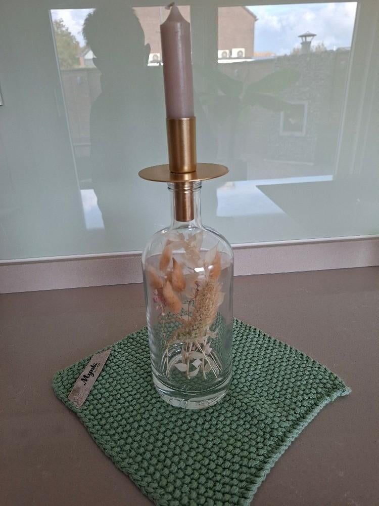 Mynte kaarsen houder in fles met bijpassend mynte kleedje., Ophalen of Verzenden, Metaal, Minder dan 25 cm