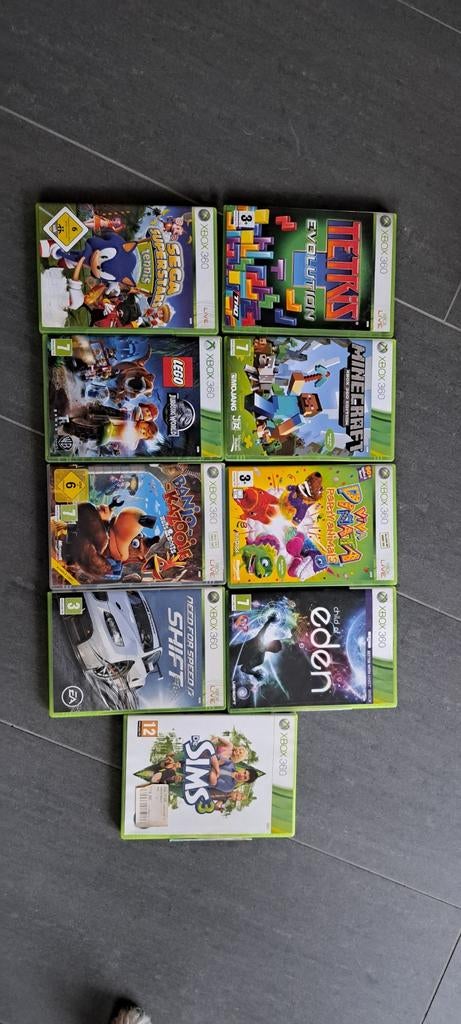 9 Xbox 360 spel, tetris minecraft,sega,lego jurassic,shift,, Ophalen of Verzenden