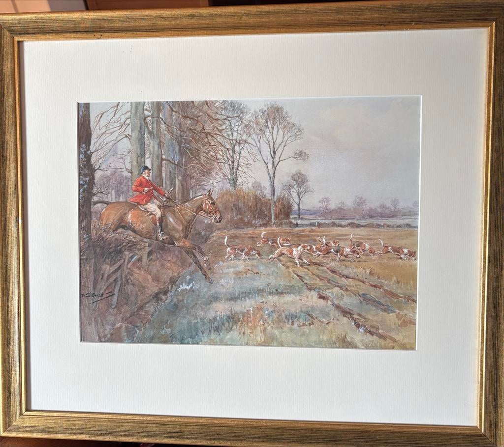 Jachttafereel: Ruiter te paard met jachthonden, gesigneerd., Ophalen of Verzenden