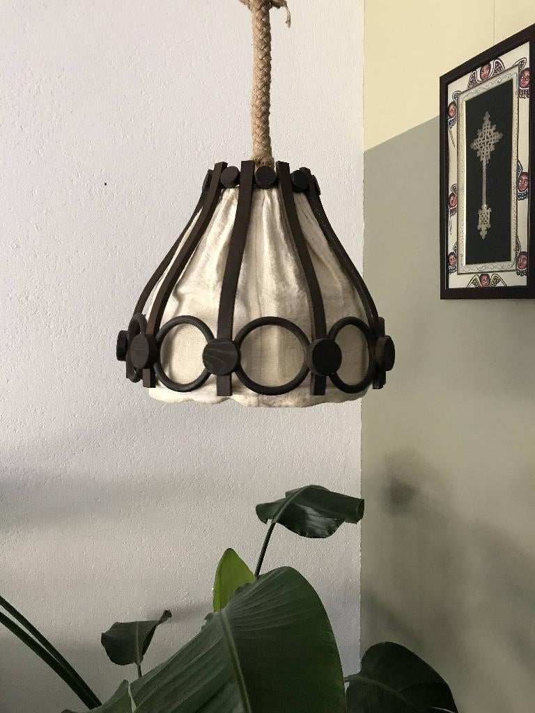 Vintage hanglamp Manou bamboe stof, Gebruikt, Vintage, Ophalen of Verzenden, Stof