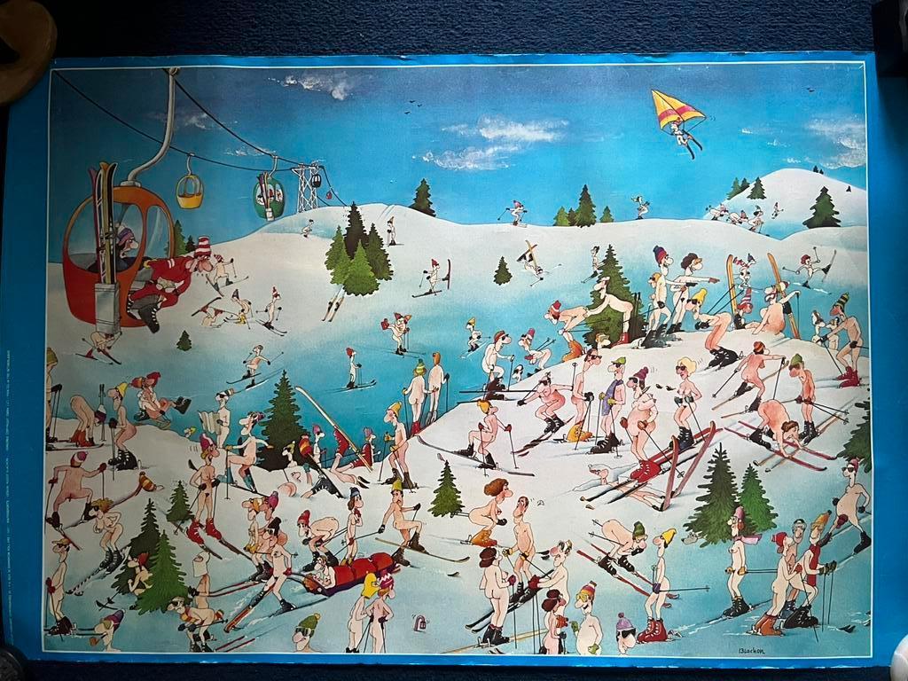 Vintage Skiposter Robert Blachon. Naakt 1977., Rechthoekig Liggend, Ophalen of Verzenden, Zo goed als nieuw, Sport