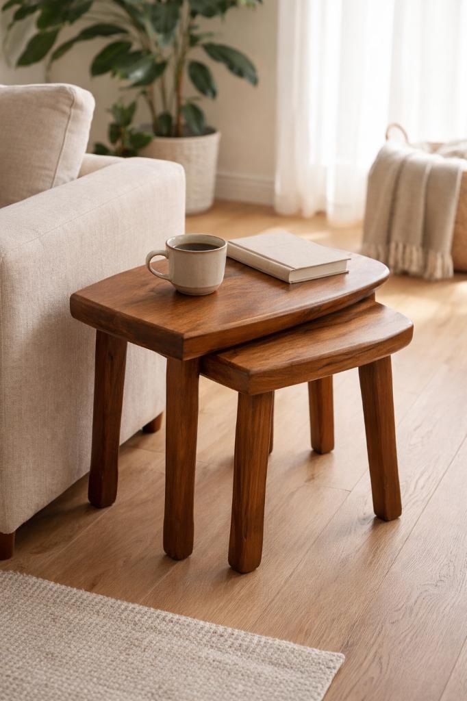 Vintage Brutalist Bijzettafels – Massief Hout, Huis en Inrichting, Tafels | Bijzettafels, Minder dan 45 cm, Minder dan 55 cm, Gebruikt