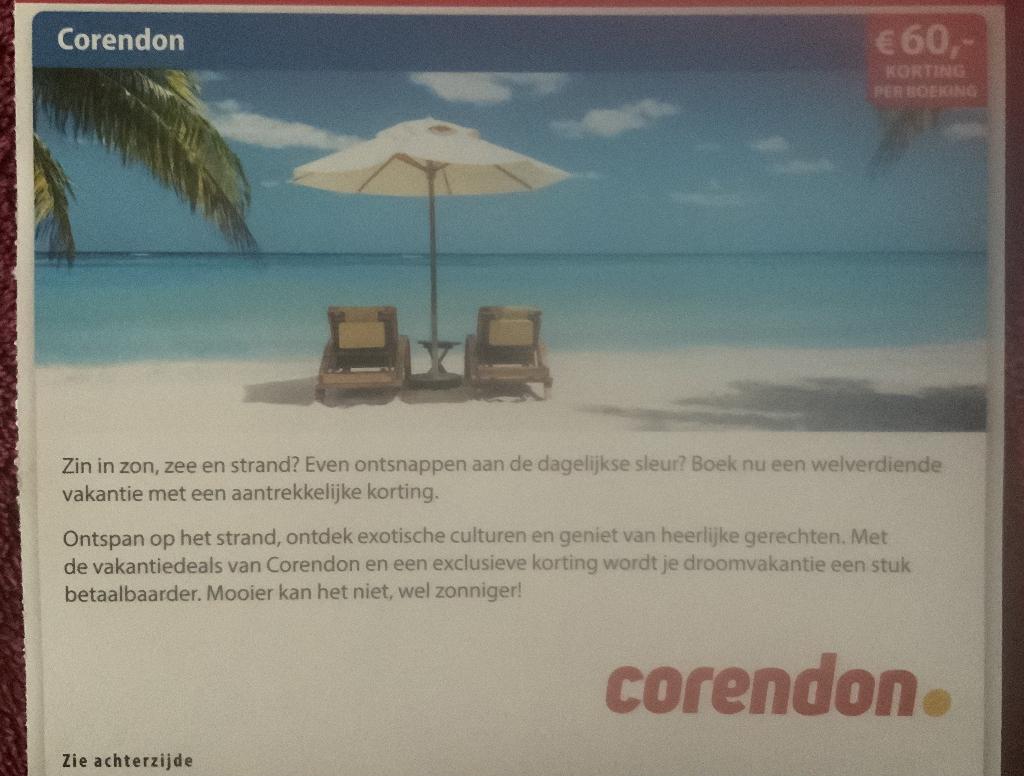 Corendon Vakantie Voordeelbon, Tickets en Kaartjes, Kortingen en Cadeaubonnen, Drie personen of meer, Kortingsbon, Overige typen