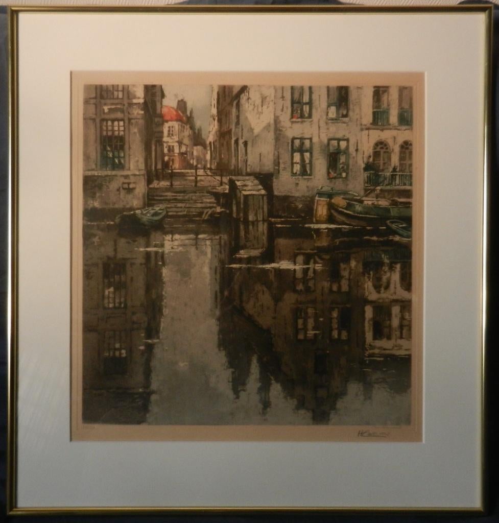 Ets Stadsgezicht Damrak Amsterdam Henri Cassiers 1932 39x38, Antiek en Kunst, Ophalen of Verzenden
