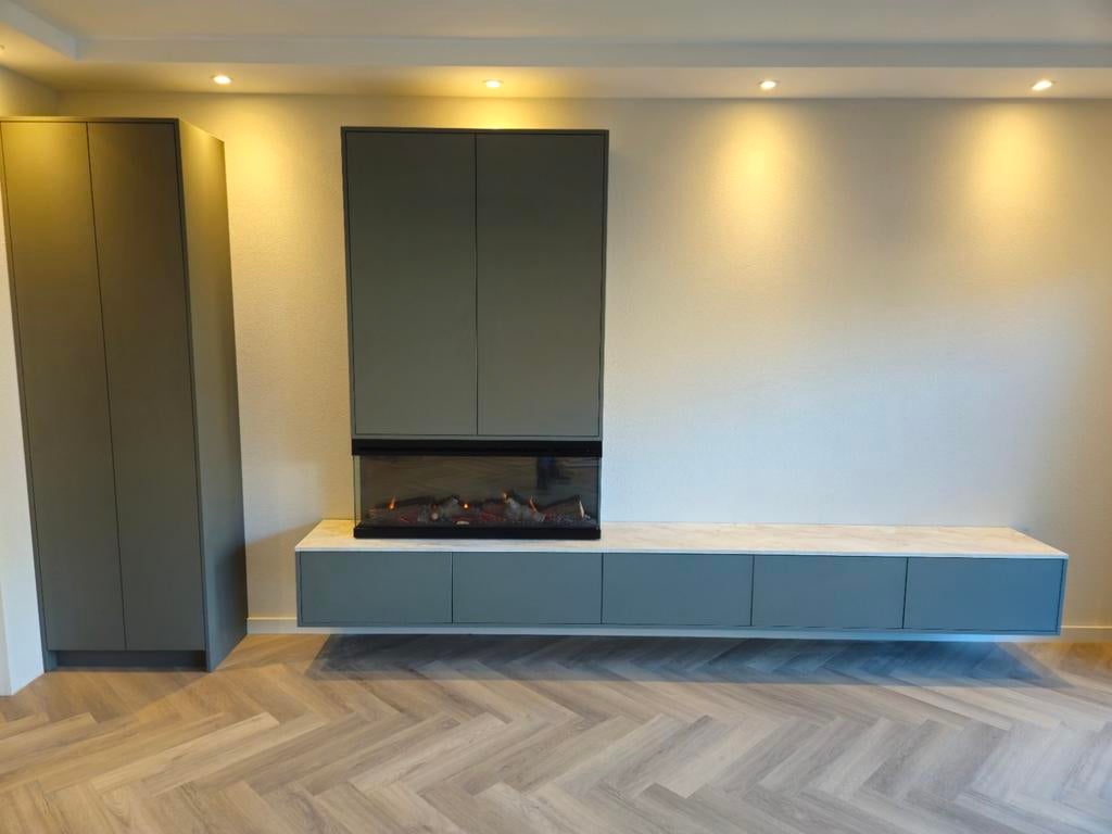 Modern TV-meubel op maat met elektrische haard, 200 cm of meer, Nieuw, Ophalen of Verzenden, 200 cm of meer