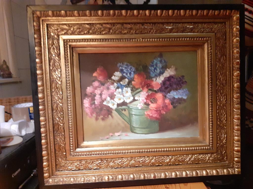 Groot Olieverf op Doek Schilderij/Sierlijst 'Bloemstilleven", Ophalen of Verzenden