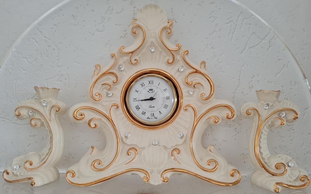 Bladgoud swarovski  klokstel (porselein), Ophalen of Verzenden