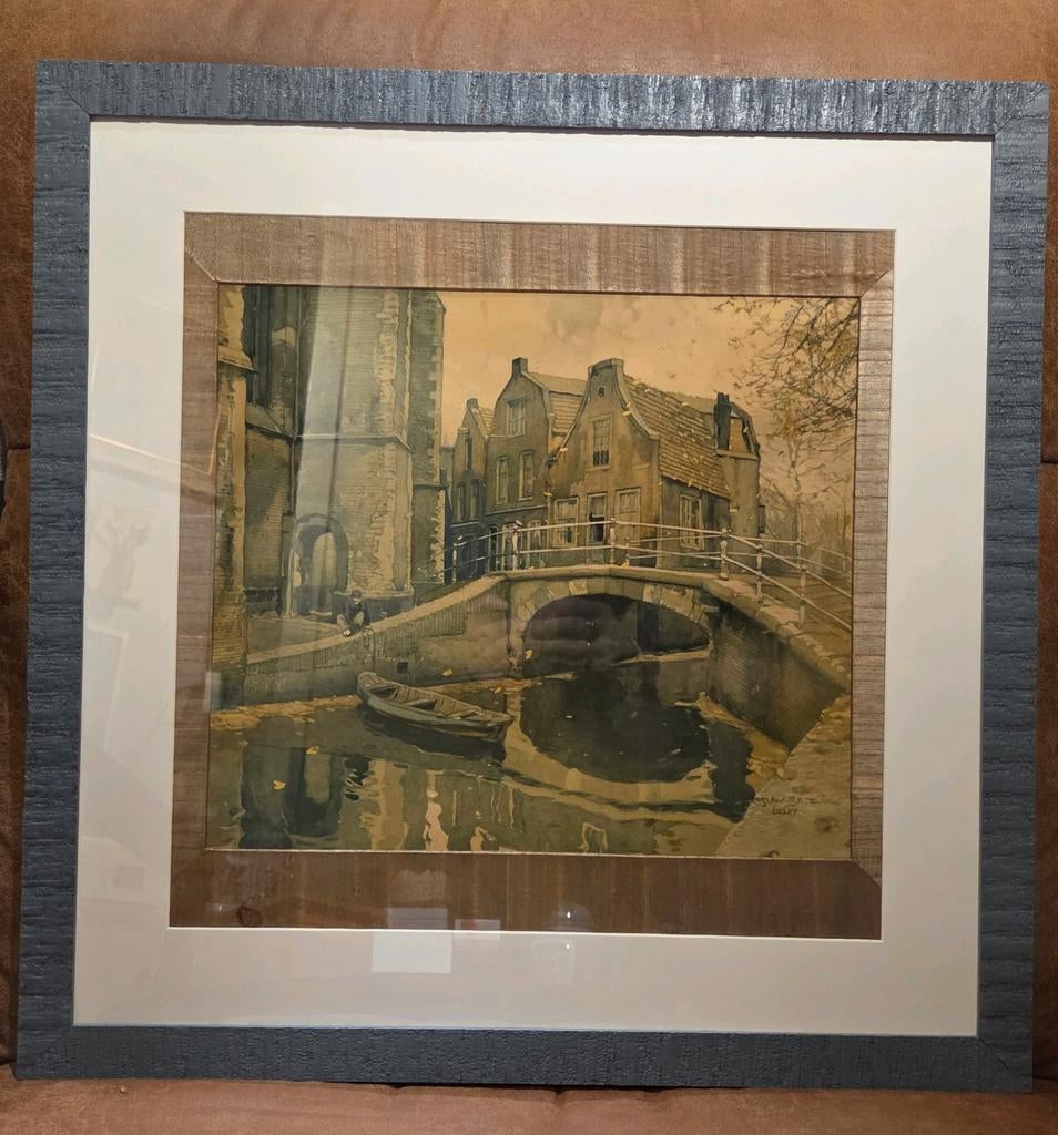 Ingelijste aquarel van een gracht met brug en huizen, Ophalen