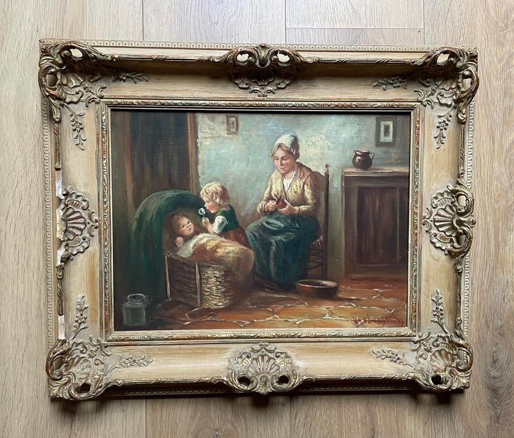 Schilderij op doek moeder met kinderen, gesigneerd, Ophalen