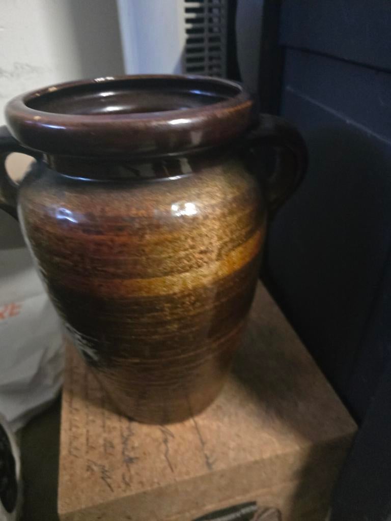 Vintage Oostenrijkse Keramische Vaas - Bruin Gestreepte Pot, Ophalen of Verzenden