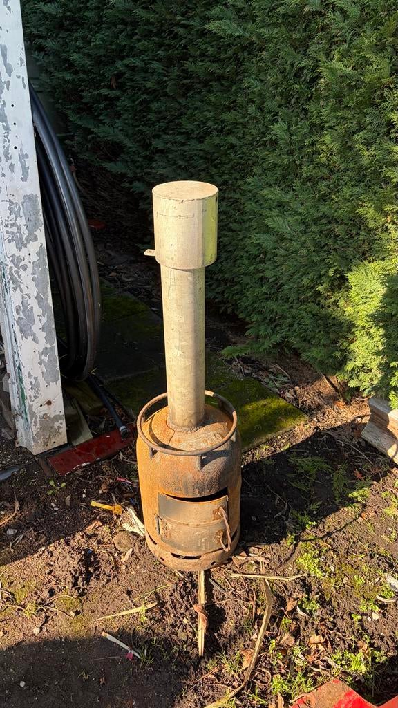 Unieke kachel van oude gasfles - Tuinkachel/Terraskachel, Gebruikt, Houtkachel, Ophalen of Verzenden, Vrijstaand