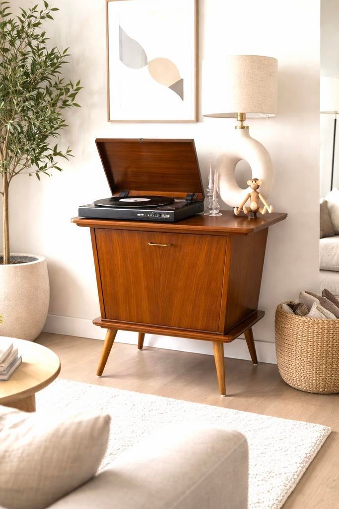 🤎 Vintage retro dressoir kast Deens teak platenspelerkast, Huis en Inrichting, Ophalen, Teakhout, 50 tot 100 cm, Zo goed als nieuw