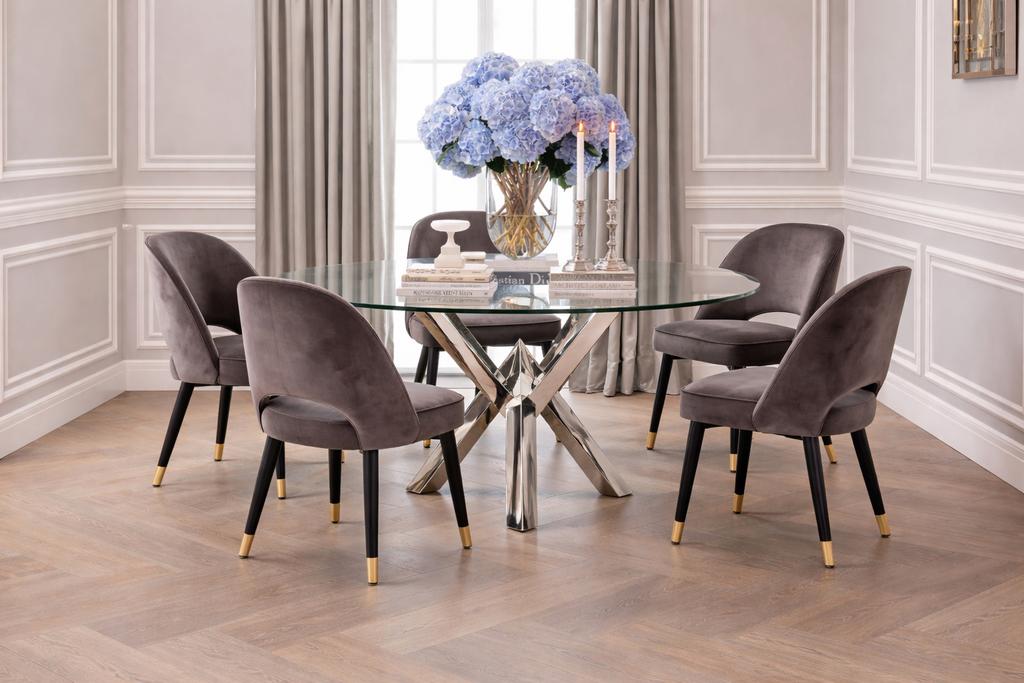 Eichholtz Triumph eettafel met glazen blad & 5 stoelen, Huis en Inrichting, Tafels | Eettafels, Gebruikt, 100 tot 150 cm, Rond