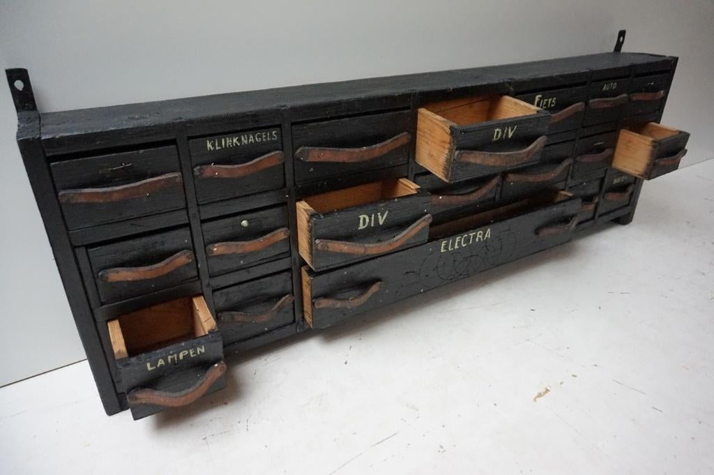 Oude industriële vintage werkplaats ladekast/ hangkast, Ophalen, Gebruikt, 100 tot 150 cm, 5 laden of meer