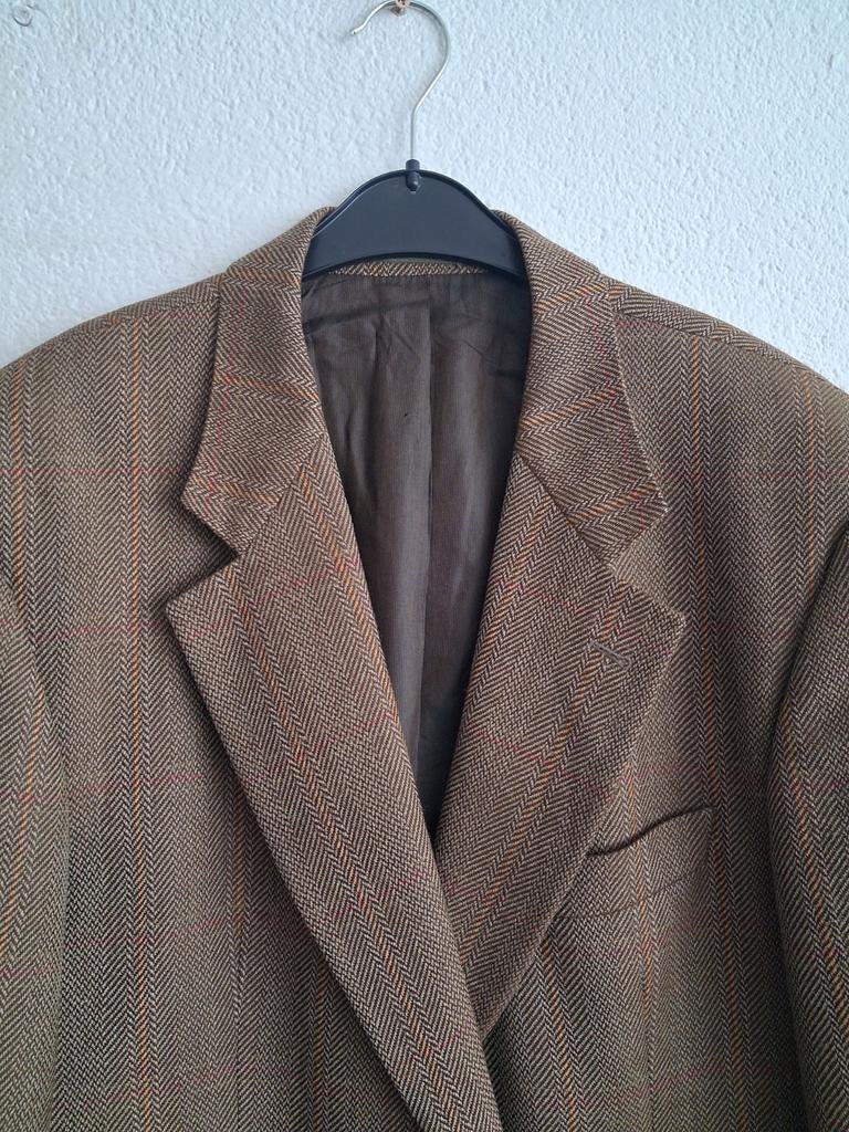 Hugo Boss Tweed Jasje - Bruin Herringbone Patroon, Maat 52/54 (L), Bruin, Ophalen of Verzenden, Zo goed als nieuw