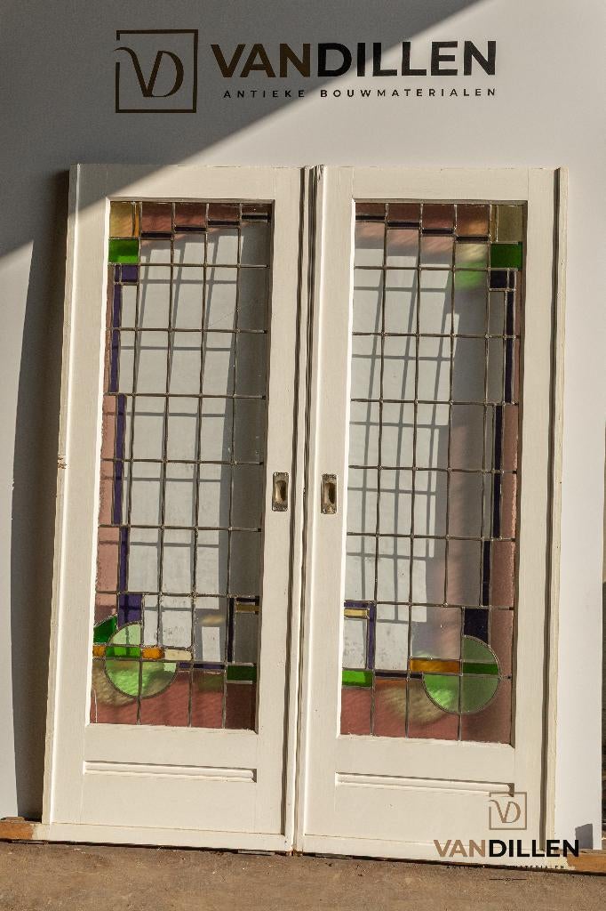 Set antieke en-suite / schuifdeuren glas in lood 211 x 155
