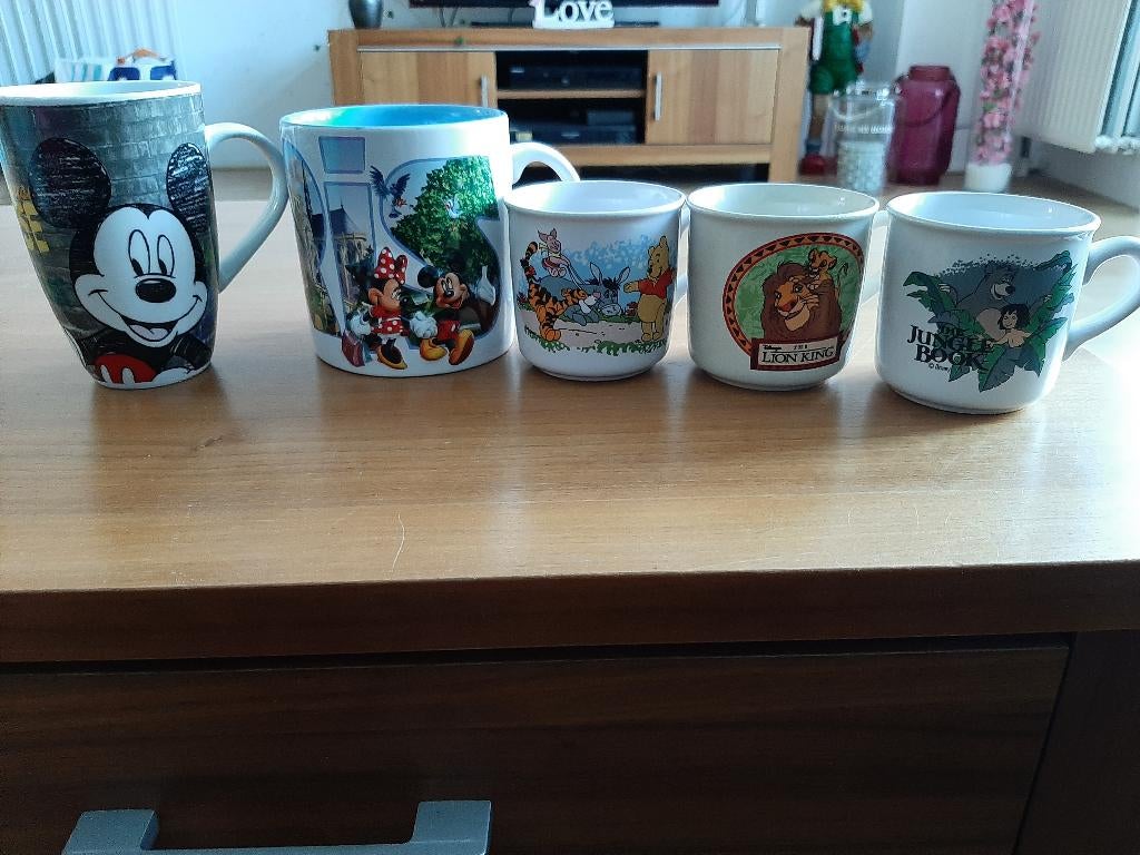 Disney mokken 5 x, Ophalen of Verzenden, Mickey Mouse, Zo goed als nieuw, Servies