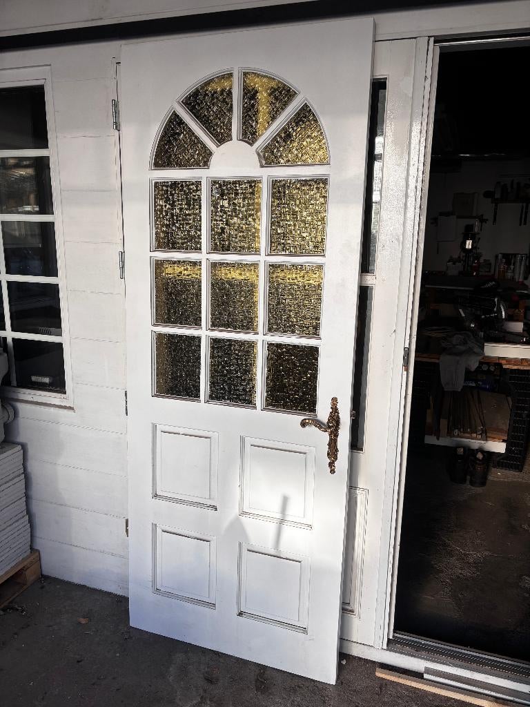 binnendeur vintage met geel glas en gouden klinken, Doe-het-zelf en Verbouw, Deuren en Horren, Ophalen, Gebruikt, 80 tot 100 cm