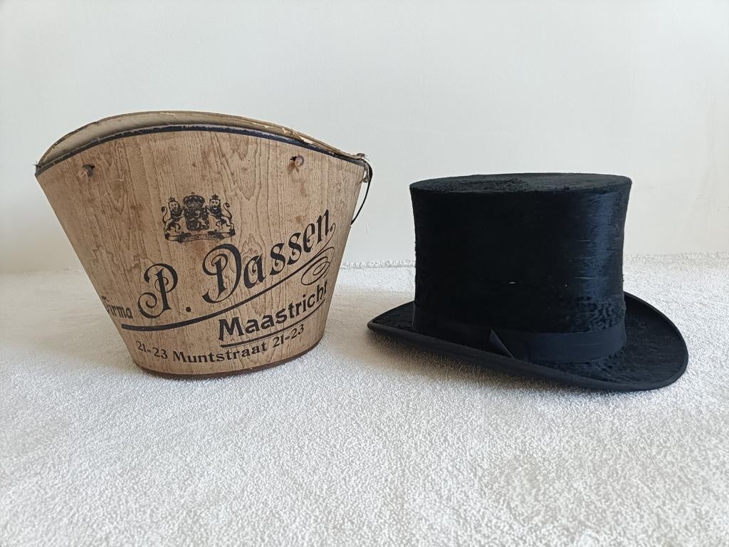 Antieke hoge hoed met originele opbergdoos, Ophalen of Verzenden