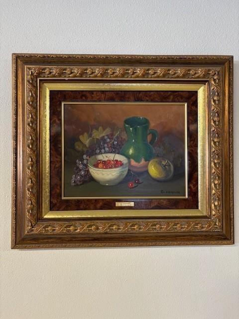 Schilderij : Groene kruik met fruit, Ophalen