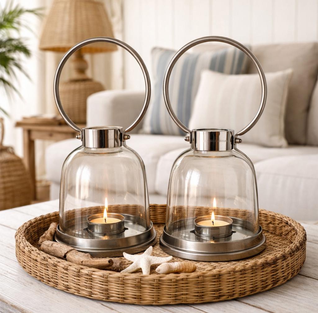 Rivièra Maison Windlichten – Set van 2 – Glas & RVS, Ophalen of Verzenden, Zo goed als nieuw, Metaal, Grijs