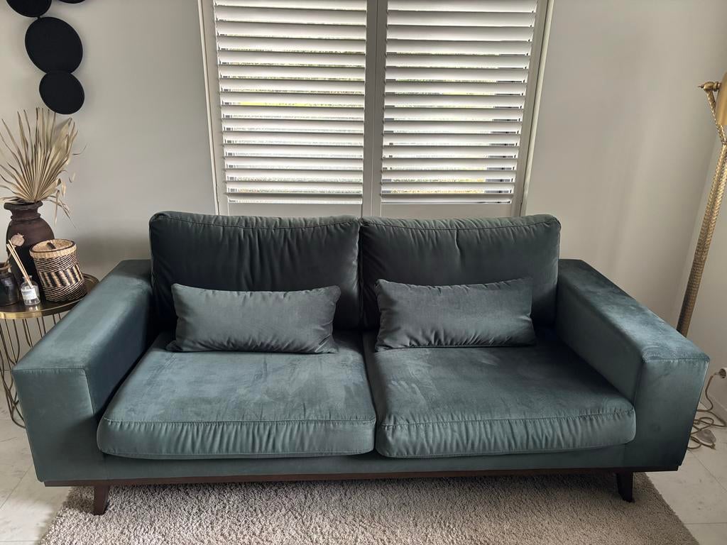 Groene bank met houten onderstel - goede staat, Ophalen, 150 tot 200 cm, Tweepersoons, 75 tot 100 cm