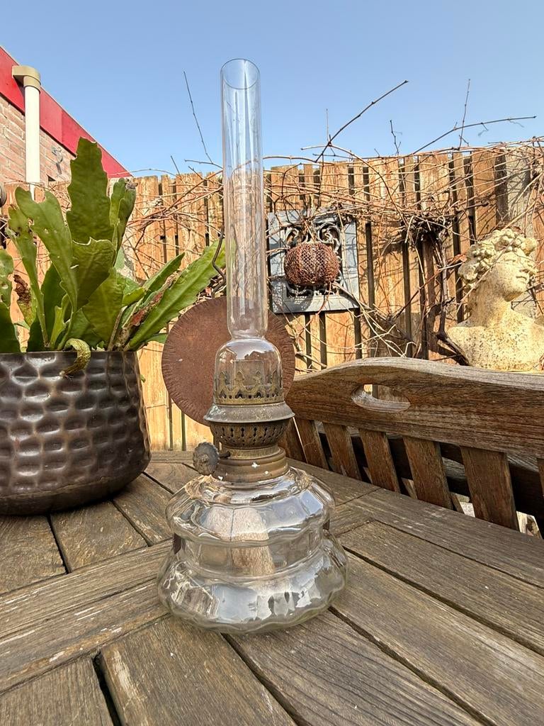 Antieke olielamp koper glas, Ophalen of Verzenden