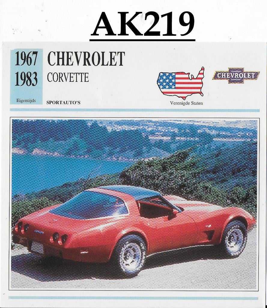 Ak219 autokaart chevrolet corvette ( 1967 / 1983 ), Ophalen of Verzenden, Zo goed als nieuw, Auto's