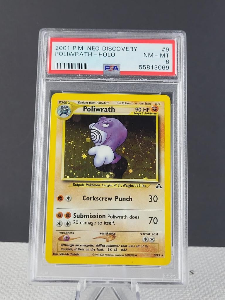 Poliwrath Holo 9/75 - PSA 8 - Neo Discovery 2001 Pokémon, Hobby en Vrije tijd, Verzamelkaartspellen | Pokémon, Ophalen of Verzenden