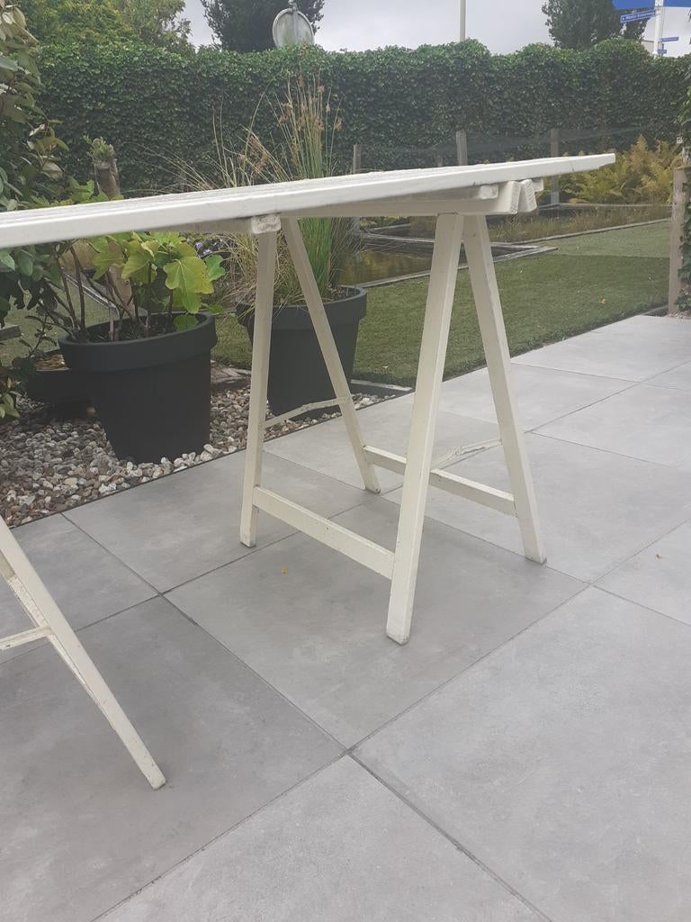 Schragen tafel. Hout. 75 breed en 150 cm   Blad met planken., Doe-het-zelf en Verbouw, Ophalen