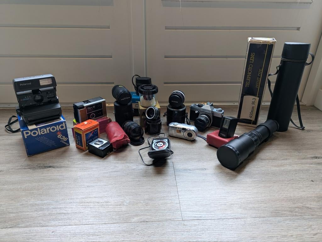 Partij vintage camera's, lenzen en accessoires 13 items, Ophalen of Verzenden, Gebruikt, Spiegelreflex, Overige Merken