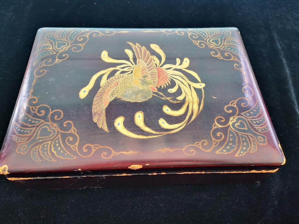 antieke Japanse lak lakwerk doos Feniks Wabi Sabi Gesigneerd, Antiek en Kunst, Kunst | Niet-Westerse kunst, Ophalen of Verzenden